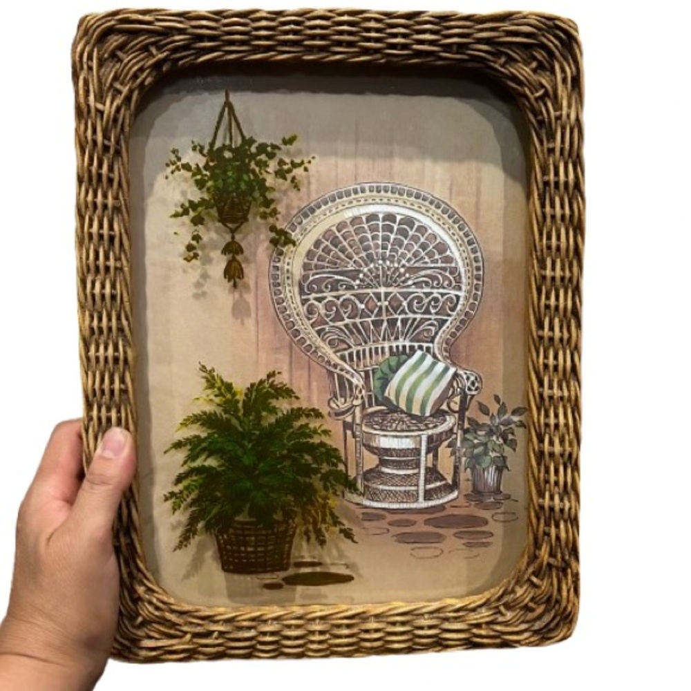 Vintage MCM 3D Peacock Chair Fern Print Rattan Frame Boho Cottagecore Wall Decor - Picture 3 of 11